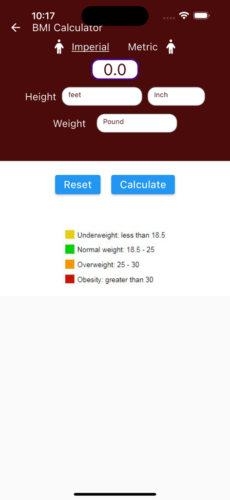 Intercontinental Food recipes - BMI calculator screen in the Cookmap app with imperial units input and weight category legend
