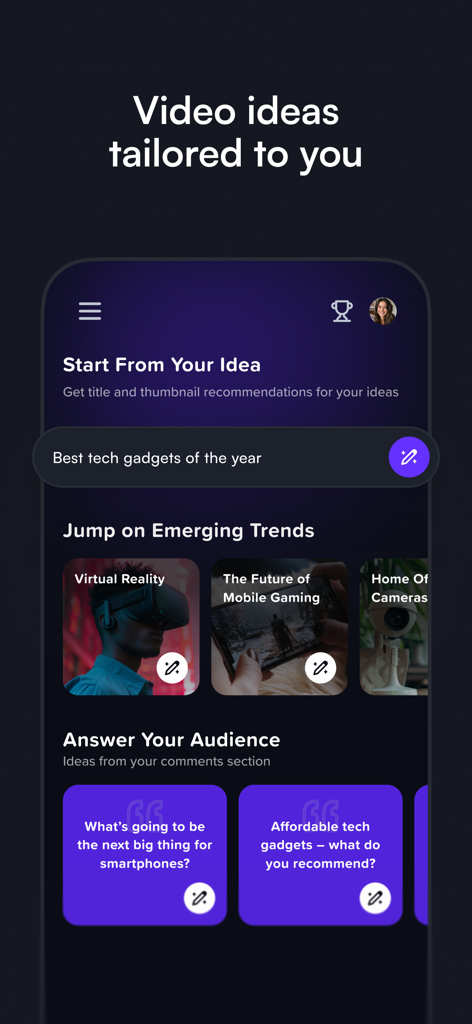 Interface de l'application mobile vidIQ montrant des idées de vidéos personnalisées, des tendances émergentes et des questions d'audience pour les créateurs de contenu.