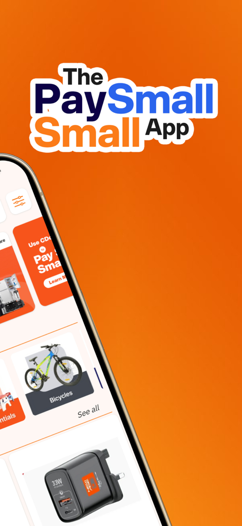 CDcare Pay Small Small App marketplace interface showcasing products with installment payment options