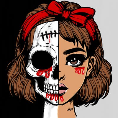 realistic girl with half skull mask