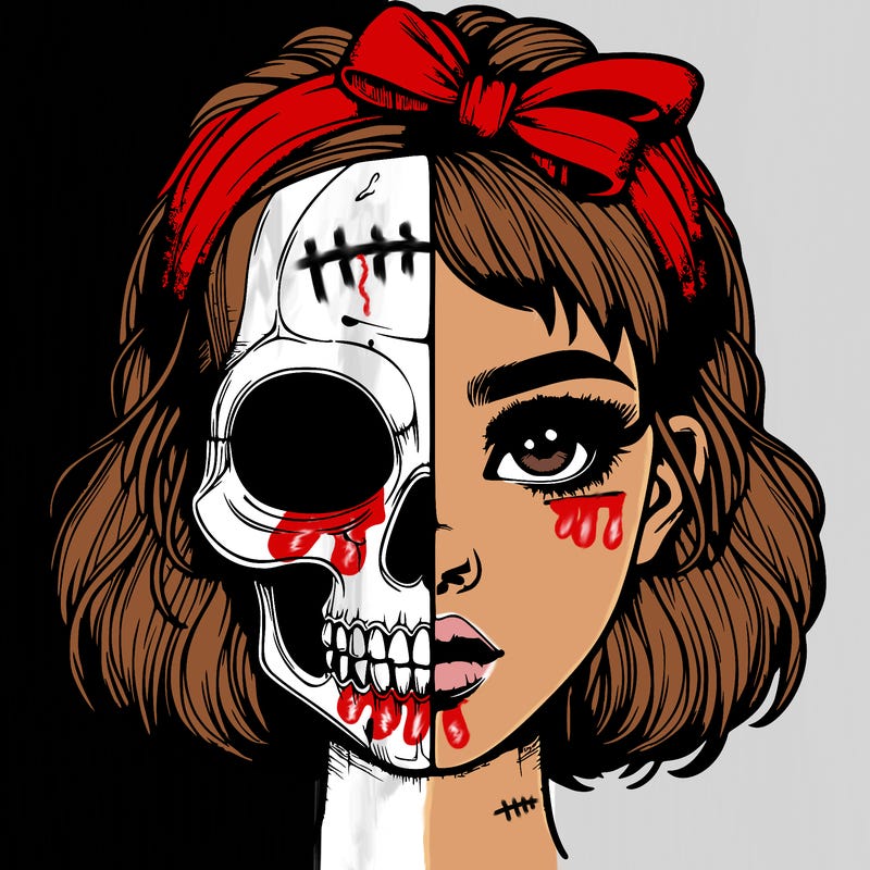 realistic girl with half skull mask