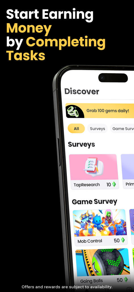 Cash Giraffe mobile app interface for earning rewards through surveys and games