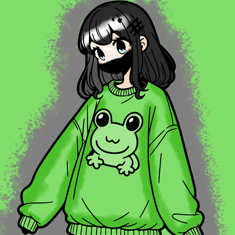 girl wearing frogging sweatshirt