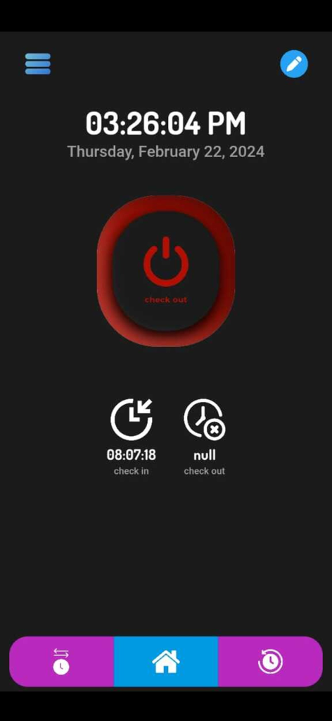 Zelle Attendance App - Pantalla de inicio de Zelle Attendance App mostrando un botón de salida y el estado del seguimiento de tiempo diario