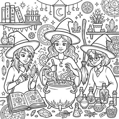Dive into a world of magic with this captivating coloring page featuring three young witches honing their mystical skills. Perfect for teens, this intricate design is filled with spellbinding details and enchanting elements waiting for your creative touch.