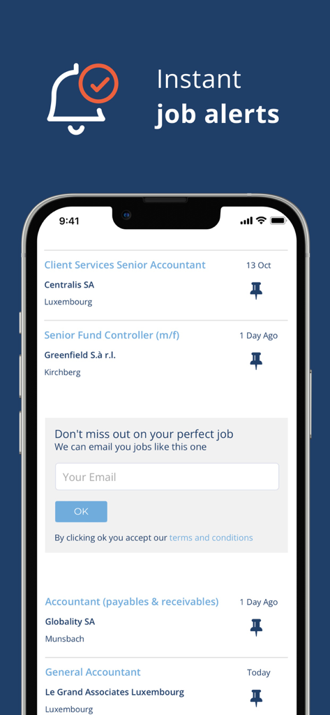 jobs.lu – Job Search App - Mobile Bildschirm der jobs.lu-App, der sofortige Jobbenachrichtigungen und Stellenangebote für Buchhalter in Luxemburg zeigt