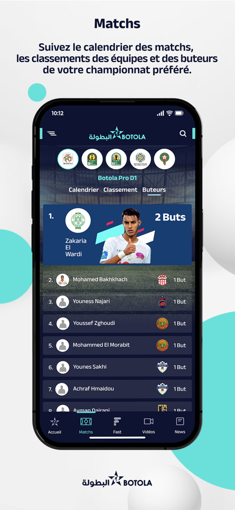 Botola Pro D1 football league top scorers ranking screen showing Zakaria El Wardi as top scorer