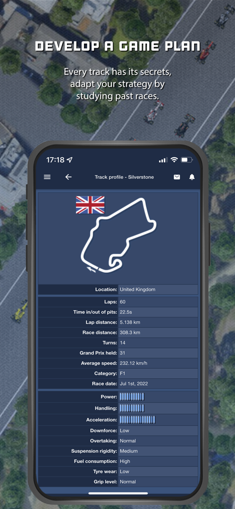 Tela detalhada de perfil de pista para Silverstone no aplicativo GPRO racing manager exibindo estatísticas do circuito e dados técnicos