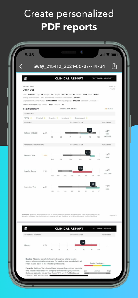 A detailed clinical report within the Sway Medical app showing balance, cognitive processing, and reaction time scores.