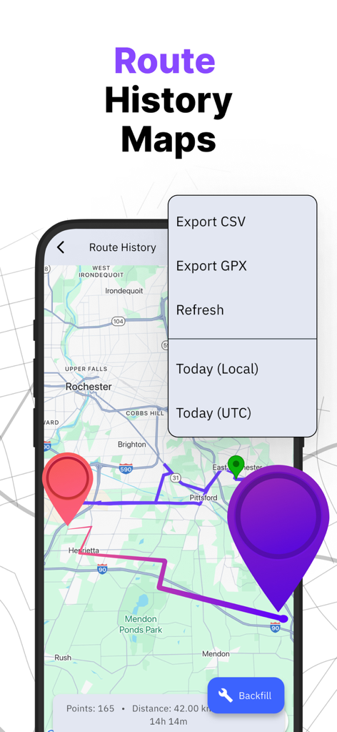 Interface de l'application Spy Phone Pro montrant l'historique des trajets sur une carte avec des options pour exporter des fichiers CSV et GPX.