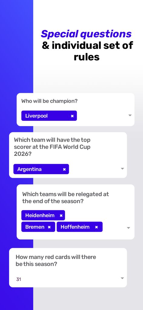 Teamtip - Your Predictor Game - Interface showing special questions and custom rules for a sports predictor game