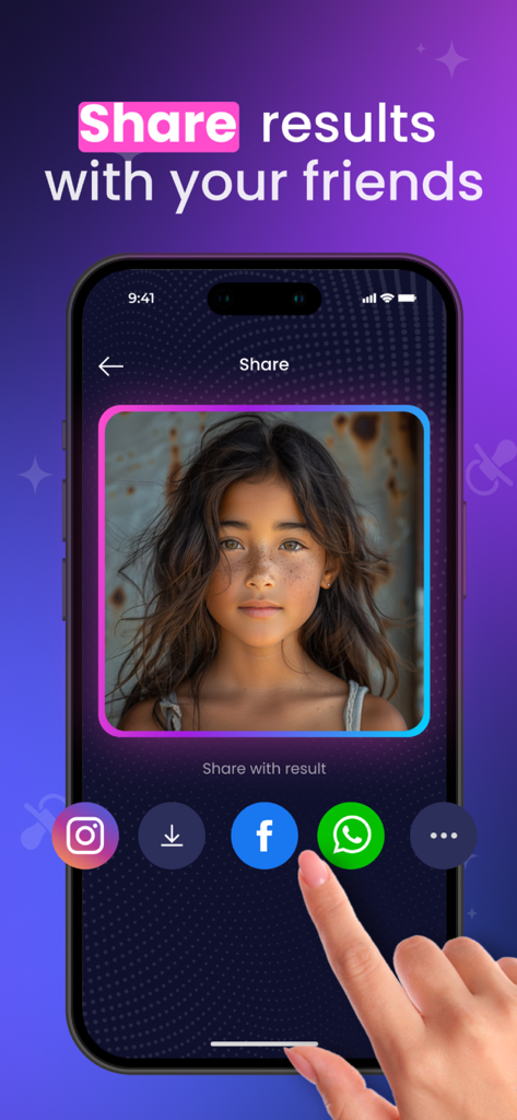 Baby Generator: AI Future Face - Interface of the Baby Generator app showing a generated photo of a child with social media share buttons