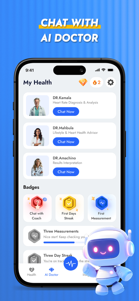 Health AI - Blood Pressure Log - Smartphone screen of the Health AI app displaying various AI doctors available for consultation on heart health and heart rate analysis.