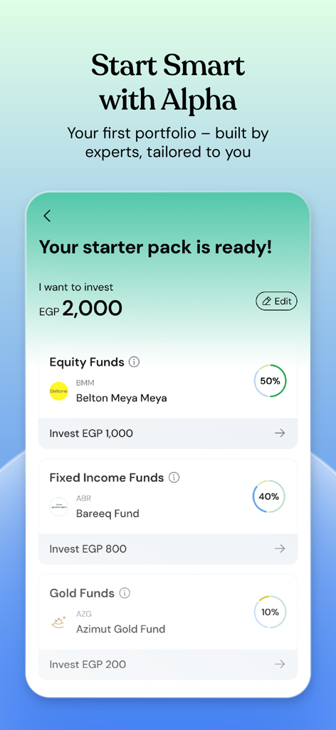 Interfaz de la aplicación Thndr que muestra un paquete de inicio de inversión personalizado con fondos de renta variable, renta fija y oro