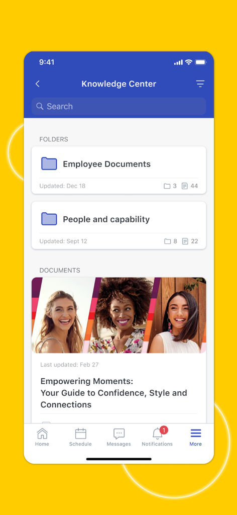 The Knowledge Center screen in the WorkJam app featuring folders for employee documents and people and capability.