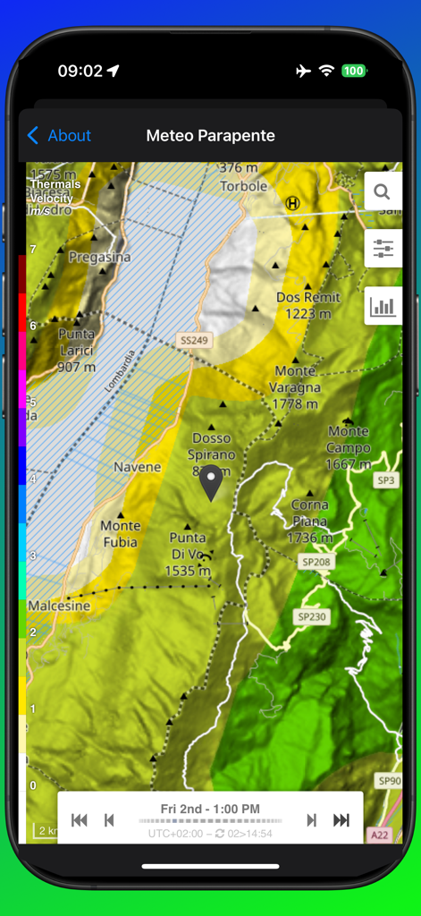 eVario2  - Variometer Pro - Mapa meteorológico topográfico que muestra puntos calientes de térmicas y velocidad para parapente en la aplicación eVario2