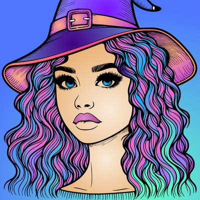 realistic girl with wavy hair a witch hat and a nose and lips and eyes