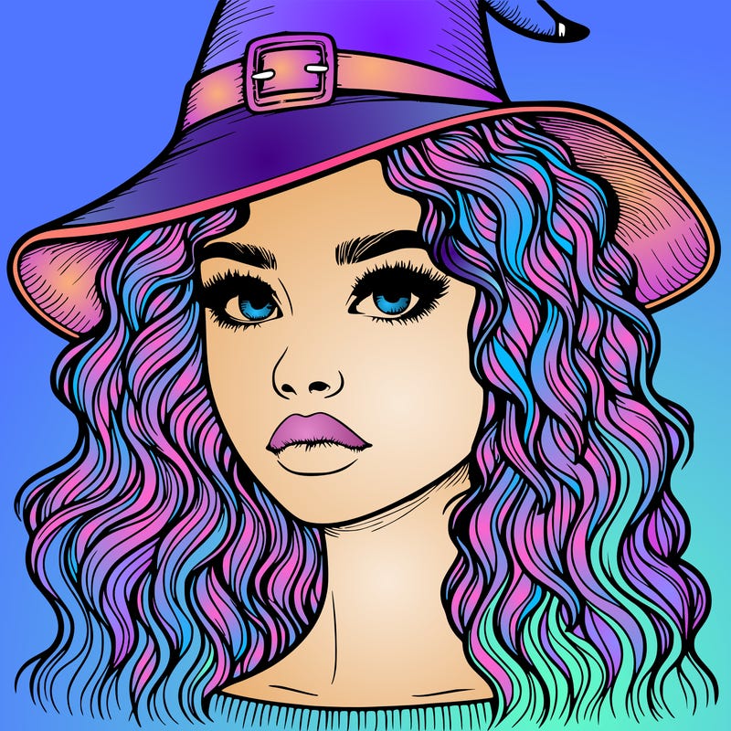 realistic girl with wavy hair a witch hat and a nose and lips and eyes