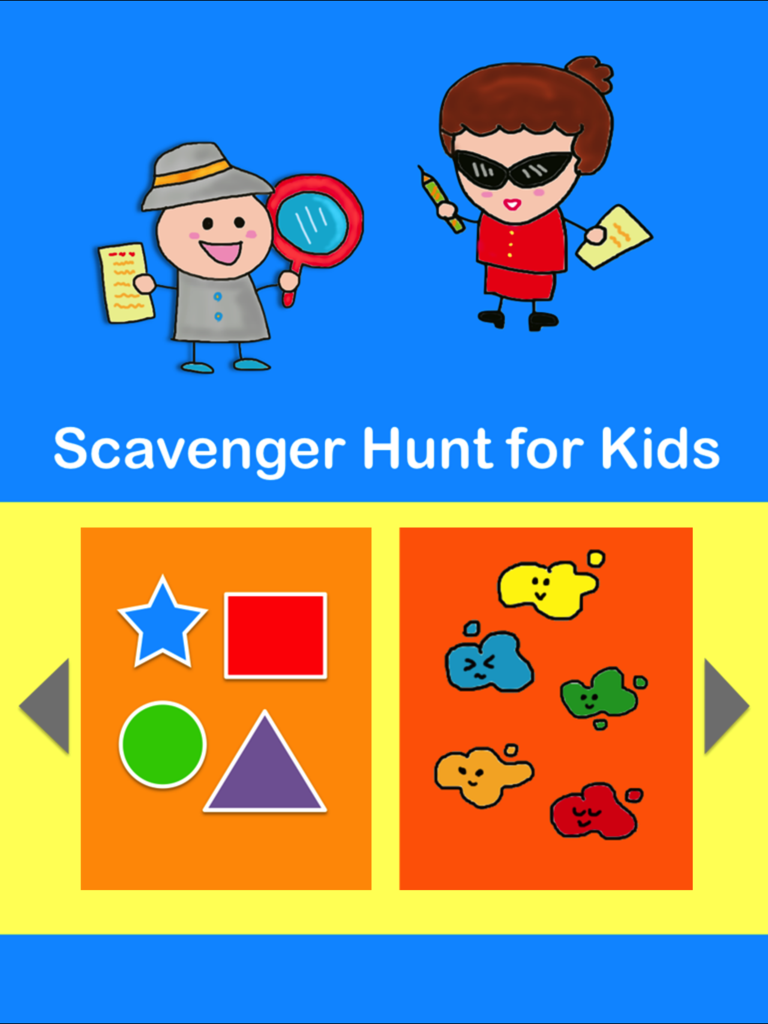 Scavenger Hunt for Kids app home screen featuring shape and color matching activities.
