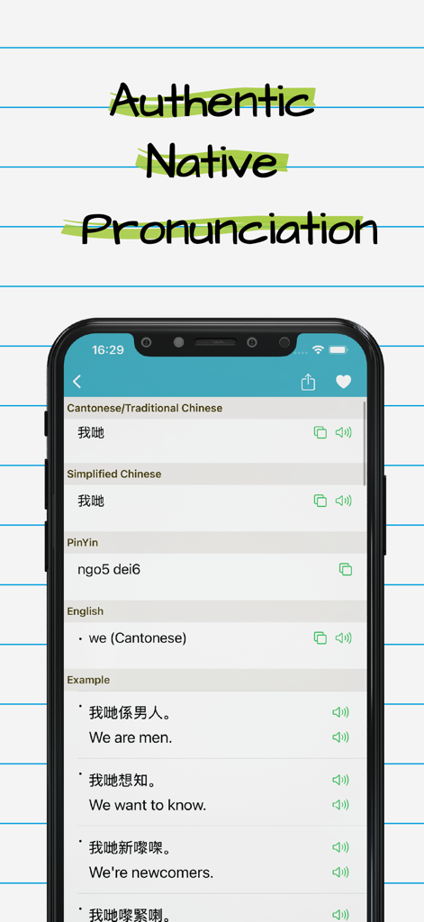 Cantonese English Dictionary + - Cantonese English Dictionary app interface showing native audio pronunciation feature and translation for the word we with example sentences