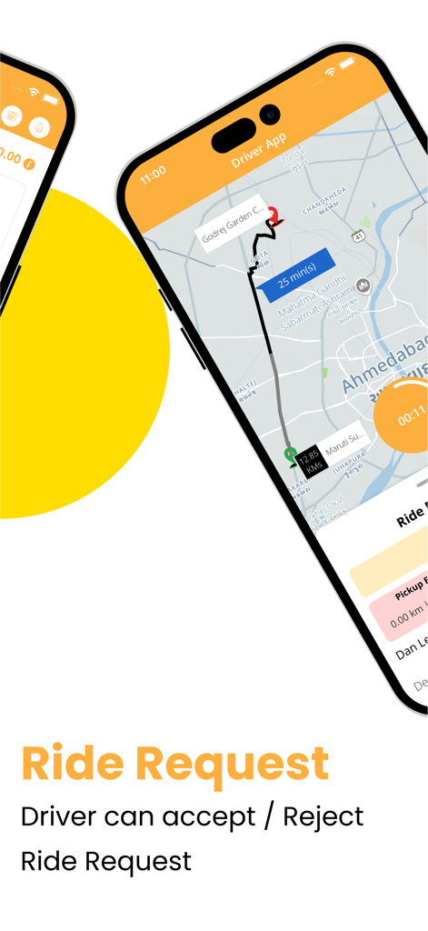 Interface of the TaxiCube Driver app showing a ride request on a map with navigation and accept or reject options.