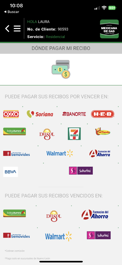 CMG Móvil - CMG Movil app screen listing stores and banks where users can pay their gas bills