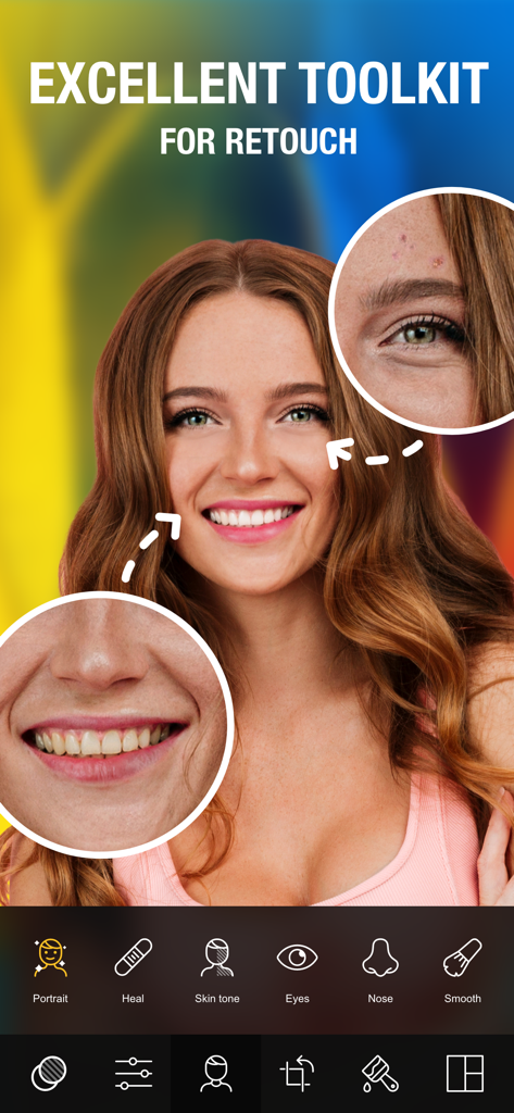 Camly: Photo Editor & Retouch - Camly app interface showing professional portrait retouching and skin smoothing tools