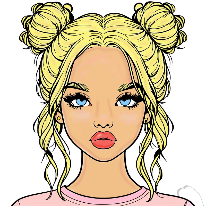 realistic girl with two buns in hair and lips