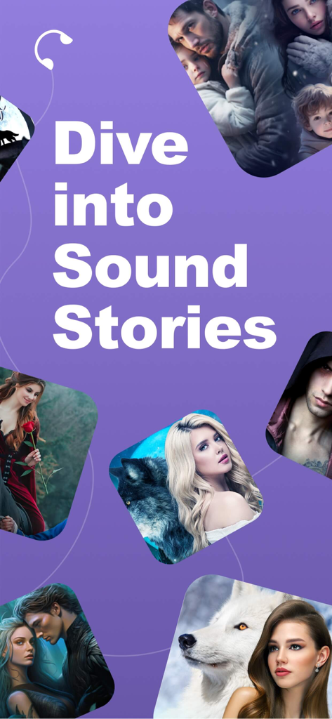 Promotional screen for the Wehear app featuring various romance and werewolf story covers with the text Dive into Sound Stories.