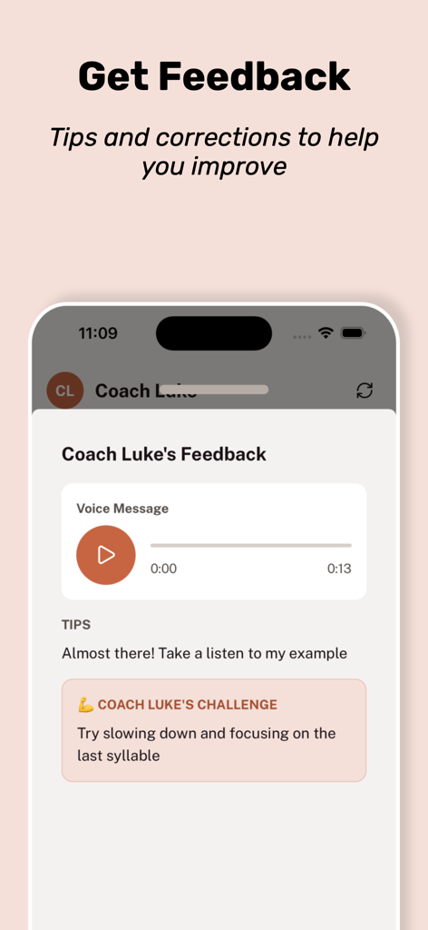 Interface of the Tahanan app displaying personalized Tagalog coaching feedback with a voice message and pronunciation tips.