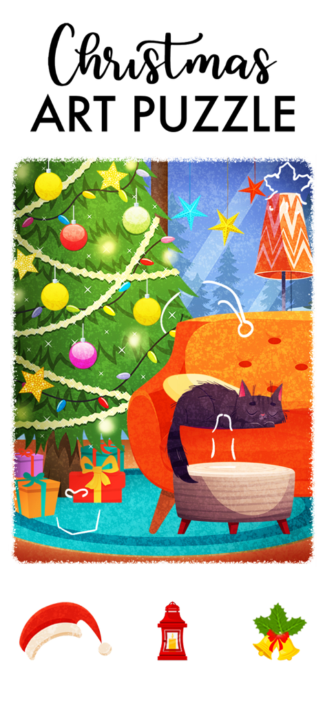 Christmas Games. - A festive Christmas Art Puzzle screen showing a cozy living room with a decorated Christmas tree and a sleeping black cat.