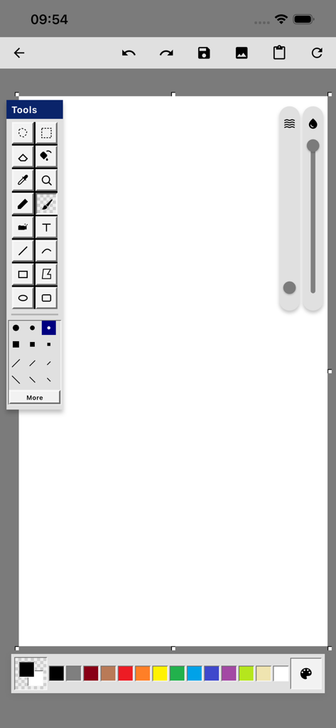 Ms Paint - 클래식 복고풍 그림 도구와 색상 팔레트가 있는 흰색 캔버스를 보여주는 Ms Paint 앱의 모바일 인터페이스