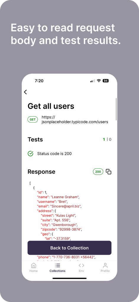 Interfaz de la aplicación móvil Cosmo de Postman que muestra los detalles de la solicitud de API, incluida una solicitud GET a un endpoint JSON con un código de estado exitoso y el cuerpo de la respuesta