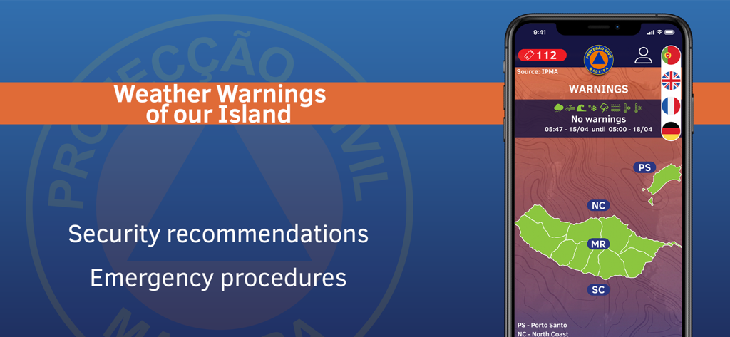 ProCiv Madeira - ProCiv Madeira app interface displaying weather warnings, emergency contact info, and a map of Madeira.