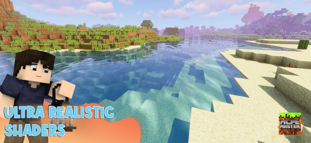 Mods for Minecraft PE - MCPE - Paisaje de Minecraft PE con shaders ultrarrealistas y reflejos de agua