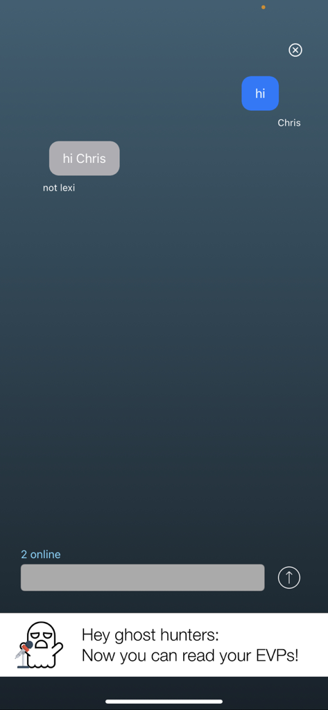 GhostTalk mobile app group chat showing user messages and a ghost hunting EVP banner