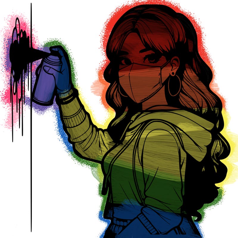 realistic girl with mask spray painting a wall