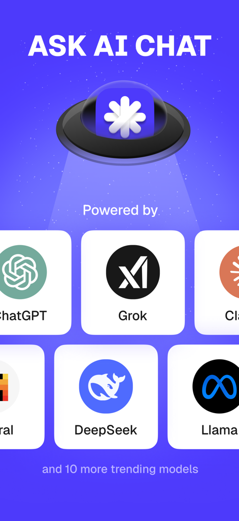 Overchat: Ask AI & Chat - Overchat app screen displaying supported AI models including ChatGPT Grok and DeepSeek