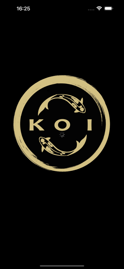 Splash screen of the Sushi Koi Eur app featuring a minimalist golden logo with two koi fish in a circle on a black background