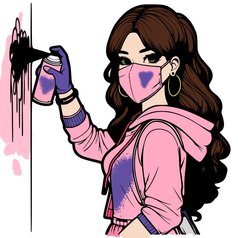 realistic girl with mask spray painting a wall