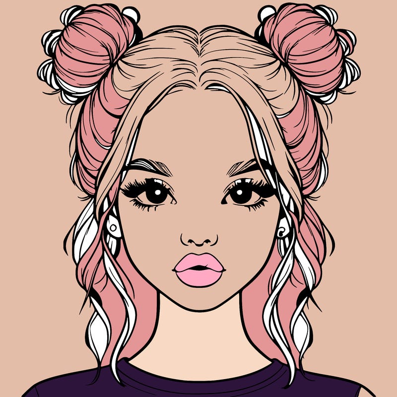 realistic girl with two buns in hair and lips