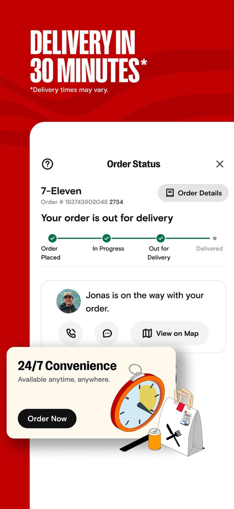 7NOW app interface showing real time order tracking and 30 minute delivery status
