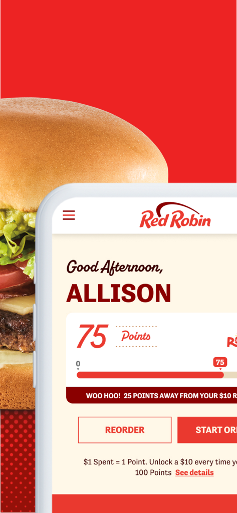 Red Robin app home screen showing loyalty points tracker and a personalized greeting for a user named Allison