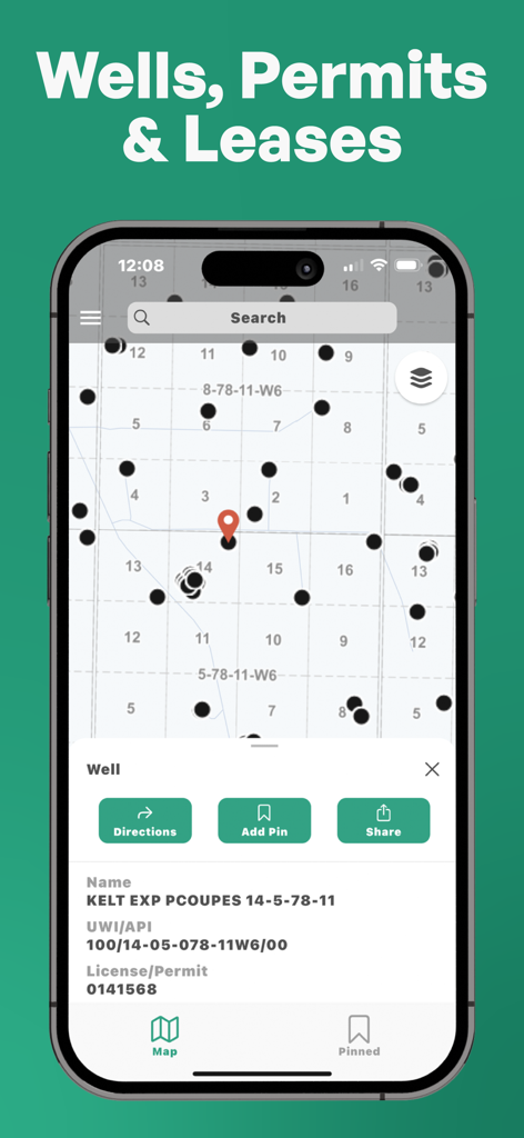 Well Finder - GeoActivity - Map interface of the Well Finder app showing oil and gas well locations with site details and navigation options.