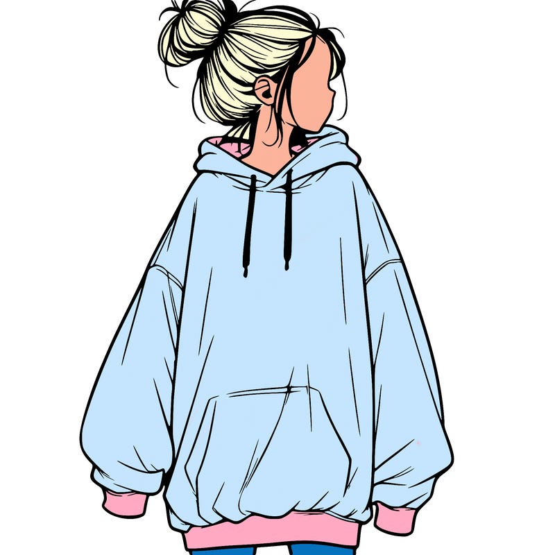 realistic girl with a oversized sweatshirt on and a bun