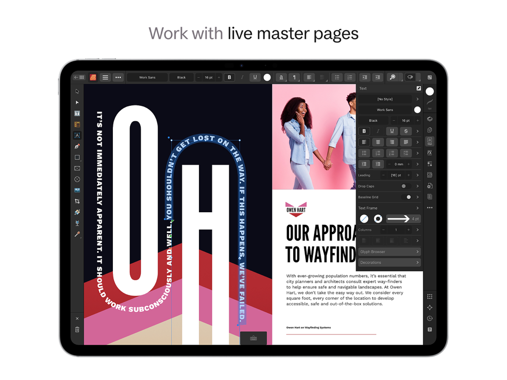 Interfaccia di Affinity Publisher 2 per iPad che mostra pagine master live e design di layout professionale
