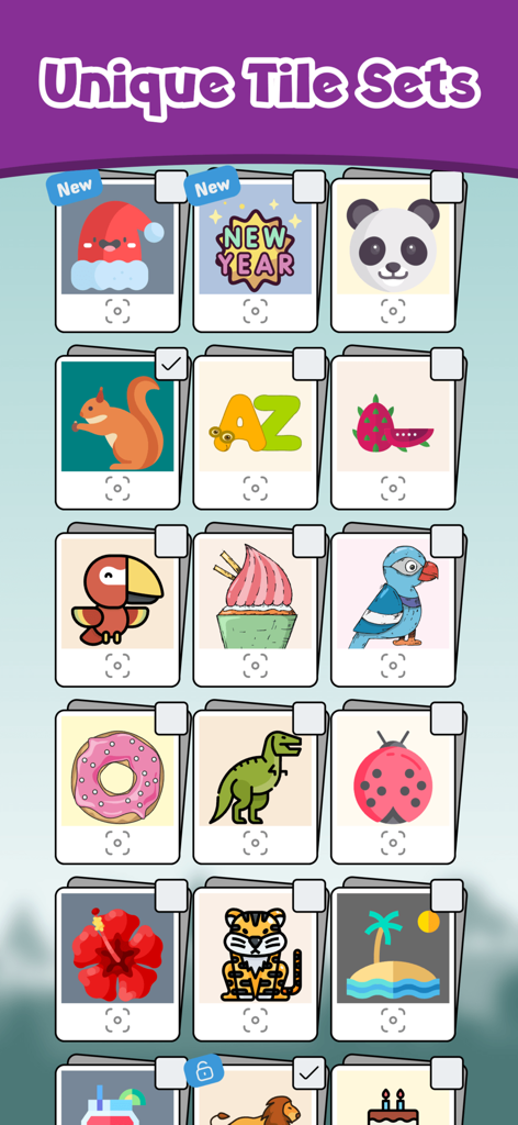Zen Match Majong Tile Explorer - A variety of colorful and unique mahjong tile sets featuring animals, fruits, and nature icons for a matching puzzle game.