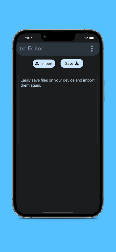 txt Editor - Text Editor - Main interface of the txt Editor app showing import and save buttons in dark mode