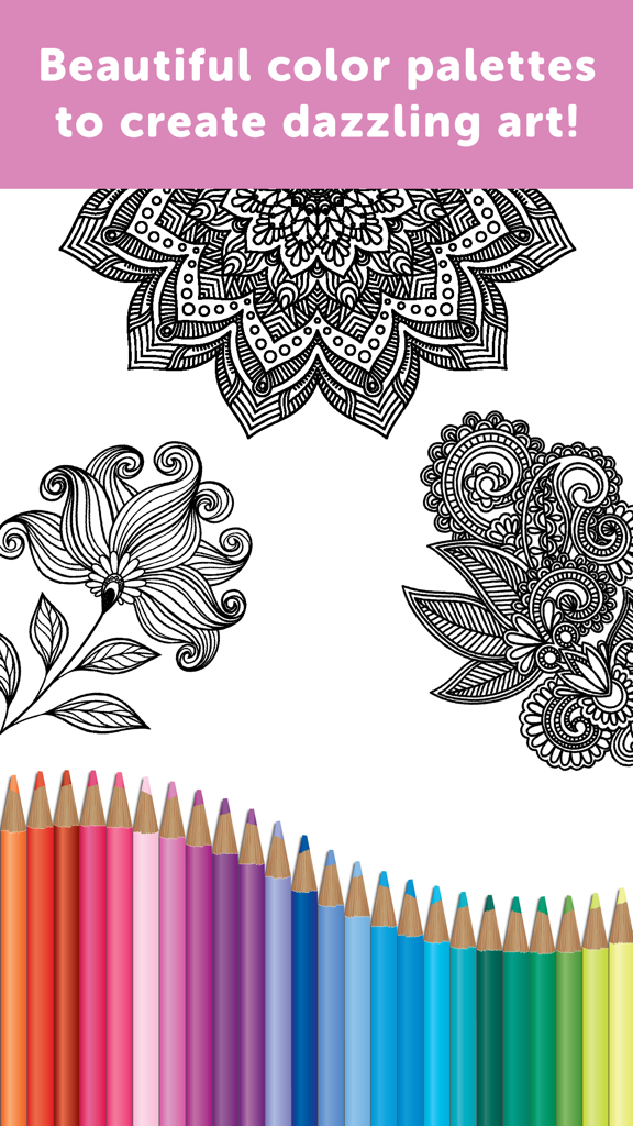 Adult Coloring Book - Coloring Book for Adults - Intricate black and white floral and mandala designs with a row of vibrant colored pencils at the bottom.