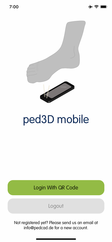 ped3D mobile - ped3D mobile Anmeldebildschirm mit einer Illustration eines 3D-Fußscans